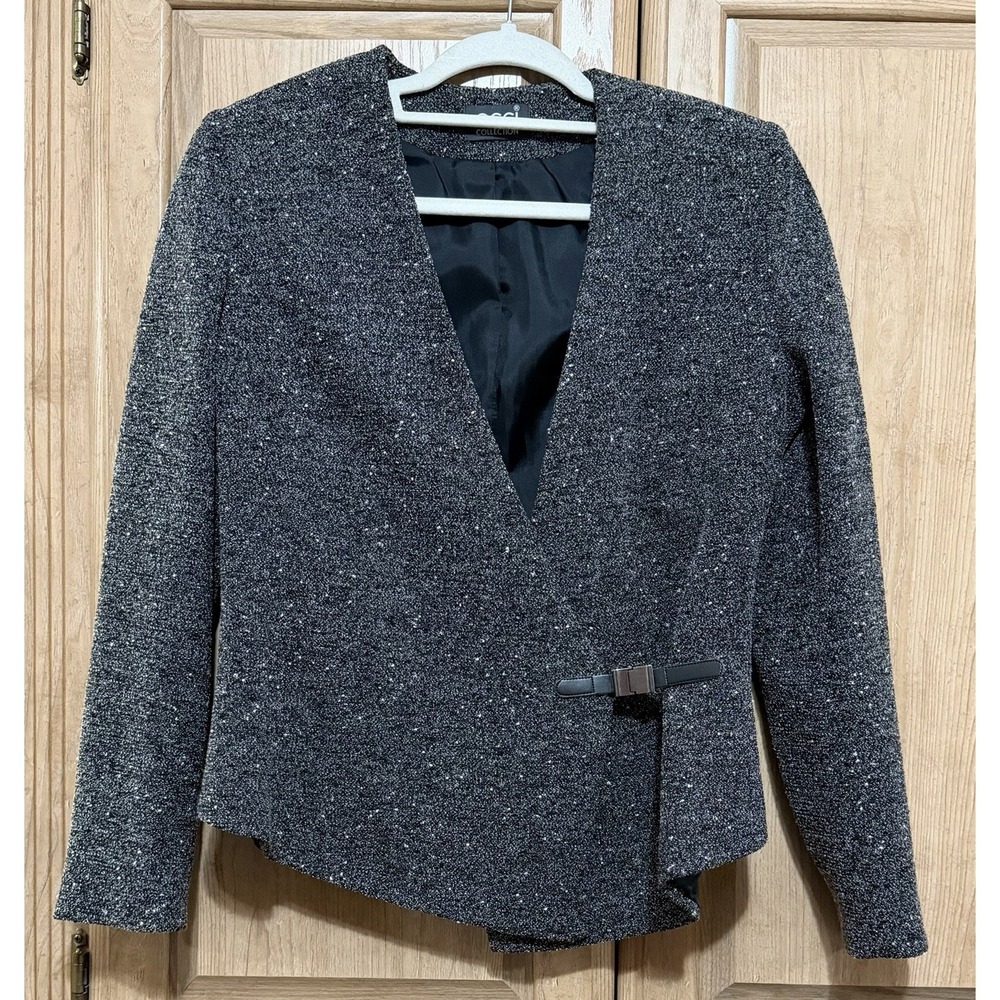 Oggi Collection Gray Tweed Cropped Blazer Jacket Buckle Front Lined Women's Sz S